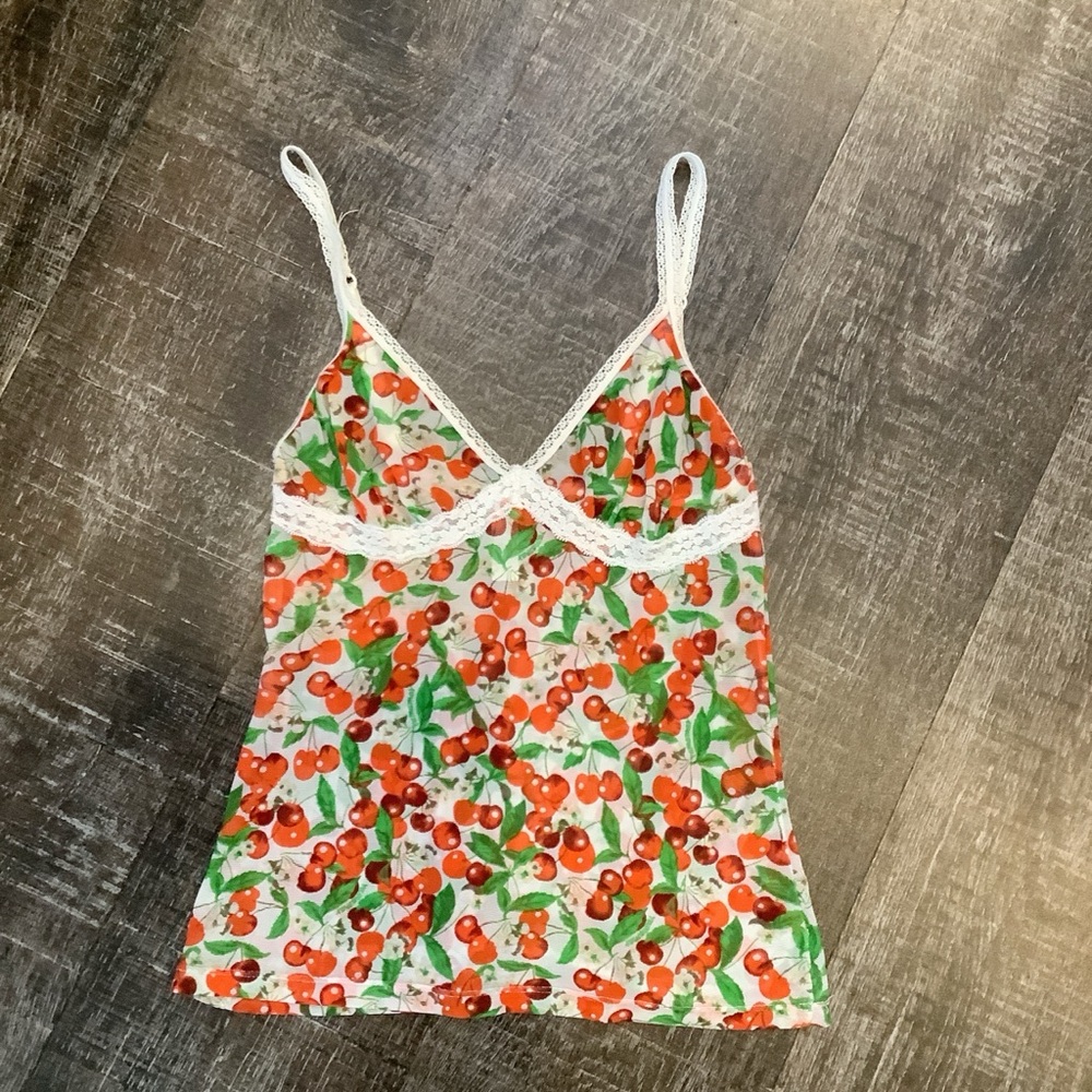 Vintage Italian Cherry Print Sheer Cami Tank